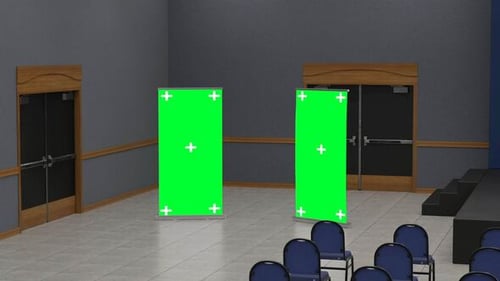 Two Green Screen Vertical Roll-Up Banners in Corporate Event Hall