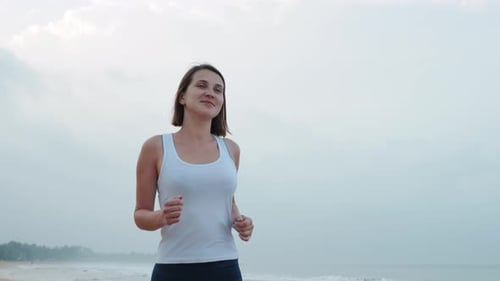 Beautiful Sportive Woman Tourist Run Running Along Beautiful Sandy Beach Healthy Lifestyle Enjoying