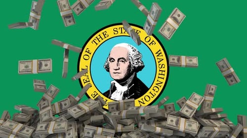 US Dollars falling in front of Washington State Flag