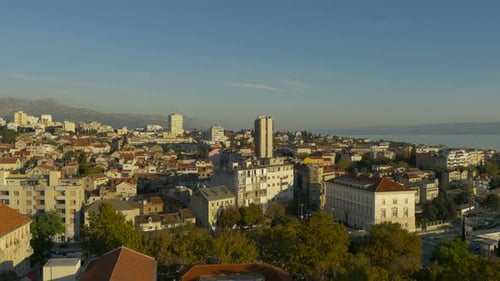 Buildings and trees in a coastal city