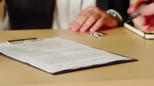 Customer Signing Contract Real Estate Agent Giving Home Keys Closeup Man Realtor