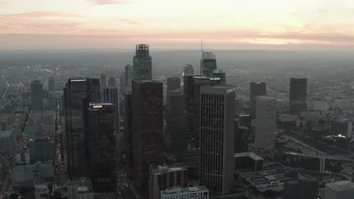 Breathtaking View of Skyscrapers in Downtown Los Angeles, California at Beautiful Sunset