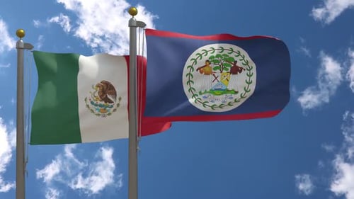 Realistic Mexico and Belize Flags Waving on Flagpoles