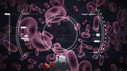 Animation of scope scanning and checking Coronavirus Covid-19 cell through blood cells on black back