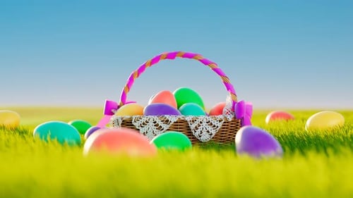 Traditional Easter basket full of cloured eggs while spring celebration.