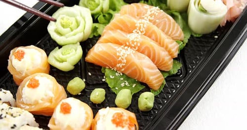 Tray of assorted sushi