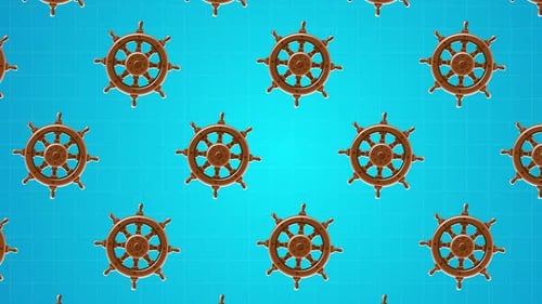 Seamless Looping Animation of Wooden Ship Wheels on Blue Background