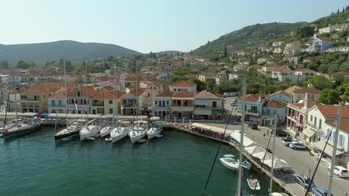 Aerial view of harbor on the bay at mediterranean sea, Greece.