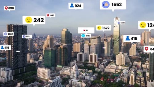 Social Media Icons Fly Over City Downtown Showing People Engagement Connection