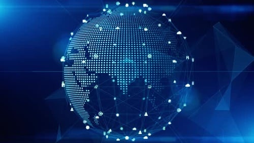 Global Digital Network Connection with Technology Icons Rotating Earth
