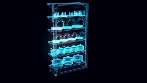 Market Shelf Plates And Pots Hologram Rotating 4k