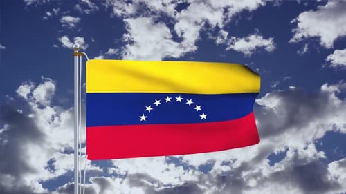 Venezuelan Flag Waving in Blue Sky with Clouds Background