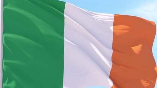 Realistic Waving Ireland National Flag Animation Against Blue Sky