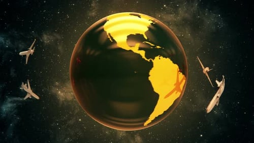 Golden Earth Globe and Airplanes Global Travel Animation