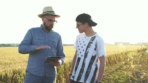 Two Farmers Talking Between Themselves Using Tablet in Field on Sunset