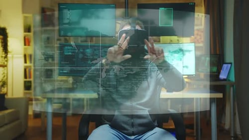 Man Uses VR Headset with Virtual Interface