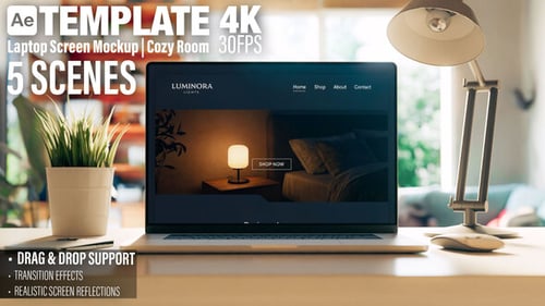 Laptop Screen Mockup in Cozy Room - Website or Application Promo - 5 Scenes AE Template