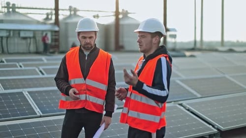 Technicians on Photovoltaic Farm of a Renewable Energy