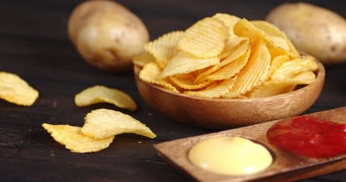 Bowl of Potato Chips with Sauces and Potatoes
