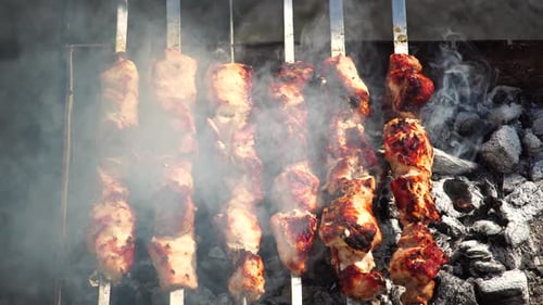 Meat Skewers Cooking on a Charcoal Grill