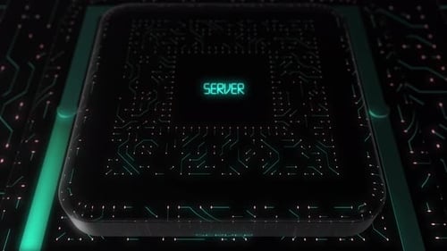 Animated Futuristic Server Chip with Glowing Circuits