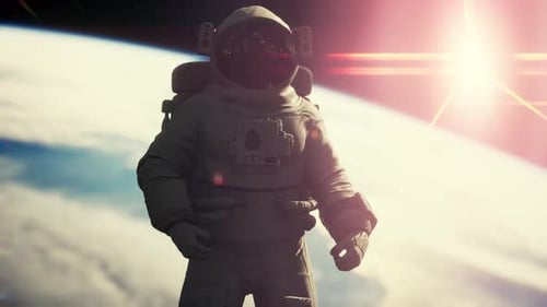 Space Man Astronaut in Space on a Background of the Blue Planet Earth