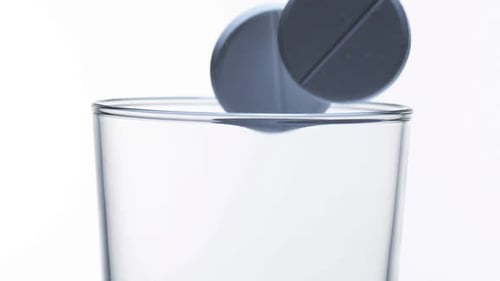 980006 Tabletten, die vor weißem Hintergrund in ein Glas fallen, Zeitlupe