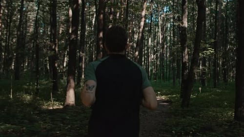 Following Shot of Young Fit Man Running in Forest