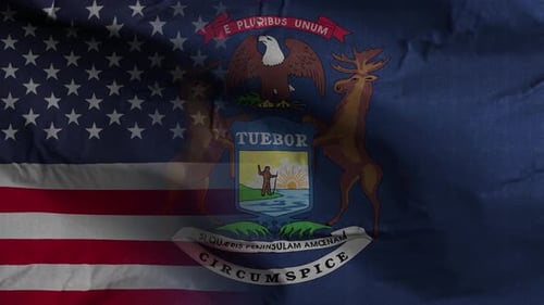 Waving American and Michigan State Flags Background