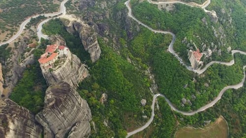 Aerial view of Kalabaka and Rousanou monasteries in Meteora complex, Greece