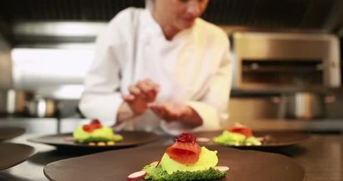 Chef Prepares Salmon Dish in Commercial Kitchen