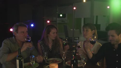 Friends Enjoying Dinner Party with Wine at Night