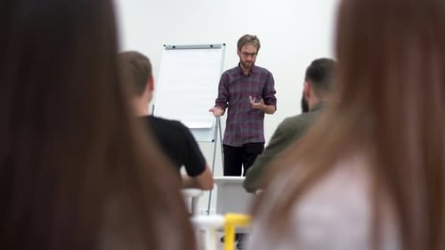 Bärtiger Geschäftsmann mit Brille präsentiert Partnern mit Flipchart, Teamleiter, neues Projekt
