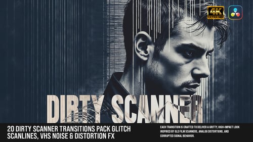 20-Dirty Scanner Transitions Pack – Glitch Scanlines, VHS Noise & Distortion FX For DaVinci Resolve