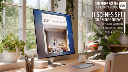 Computer Monitor Screen Mockup | Bright Home Office Workspace | Ae Template | 11 Scenes