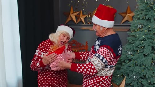 Senior Couple Exchanging Christmas Gifts at Home