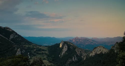 Timelapse on Beautiful Nature Mountain Landscape on Sunset and Floating Clouds