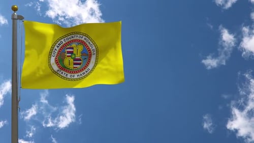 Realistic Honolulu City Flag Waving Against Blue Sky