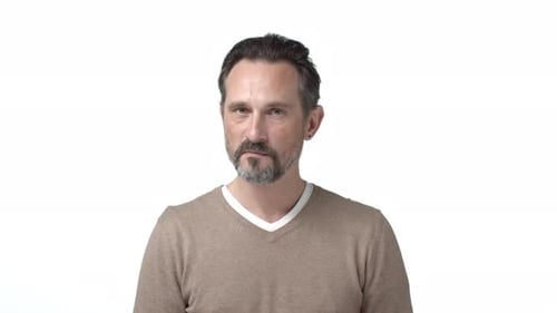 Man Talking and Gesturing on White Background