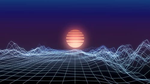 Retro Synthwave Landscape with Wireframe Grid and Striped Sun Loop