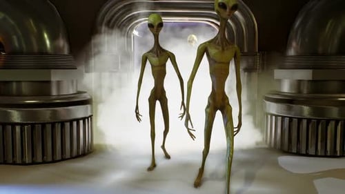 Two Aliens Emerge from Spaceship Portal with Smoke