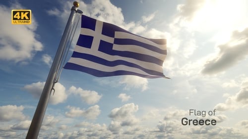 Realistic Waving Greek Flag on Pole Against Blue Sky