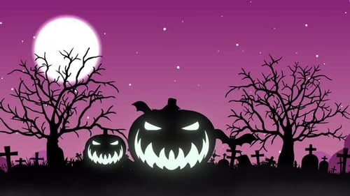 Spooky Halloween Night Scene with Pumpkins and Bats Animation