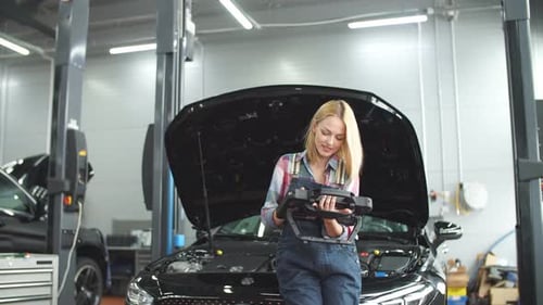 Pleasant Blond Girl Using an Automotive Diagnostic Scanner