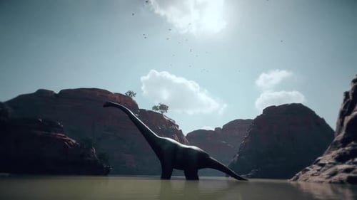 Large Brachiosaurus Dinosaur in Prehistoric River Landscape
