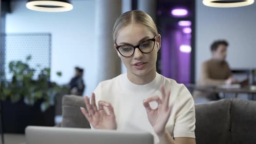 Woman Video Conferencing on Laptop in Modern Office