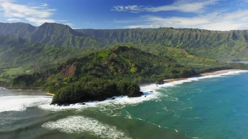 Hawaii, USA, Inspiring View Over Green Exotic Island and Peaceful Ocean Washing the Shore, Aerial