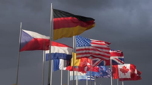 International Flags Waving in the Wind Under Gray Sky
