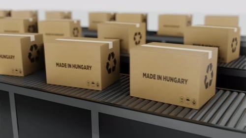 Boxes with MADE IN Hungary Text on Conveyor