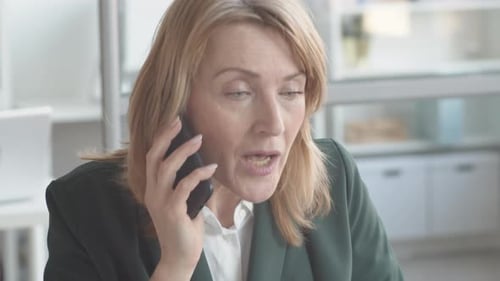 Woman Talking on Phone at Desk with Laptop